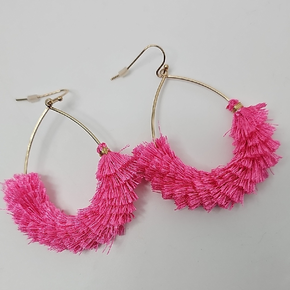Altar'd State Vibrant Barbie Pink Fringe Teardrop Earrings on Goldtone‎ Hoops